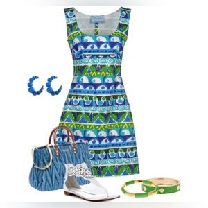 PRADA mid-length cap sleeved Blue and Green Patterned Dress; Size 42~US Size 6